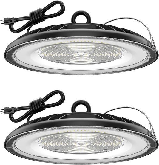 High Bay LED Shop Lights 200W - 28000LM 5000K High Bay Light, IP65 Waterproof with US Plug, Hanging Hook, 2 Pack Commercial Bay Lights for Barn, Warehouse ETL Listed