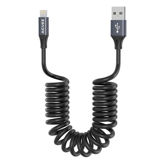 AGVEE 3ft Coiled Short USB to Lightning Charging Cable [MFI Certified] 3A Fast Charger Cord in Car for iPhone 14/13/12/11/XS/8/7/6/5 CarPlay, iPad, iPod, Dark Gray