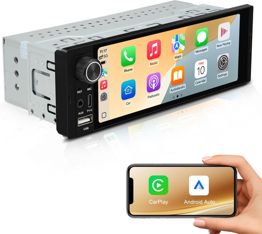 6.36" Single DIN Car Stereo - Wireless CarPlay & Android Auto | Linux System HD IPS Touchscreen Radio | Bluetooth 5.0 | USB-C/USB/FM/AM | EQ Controls | Microphone Included