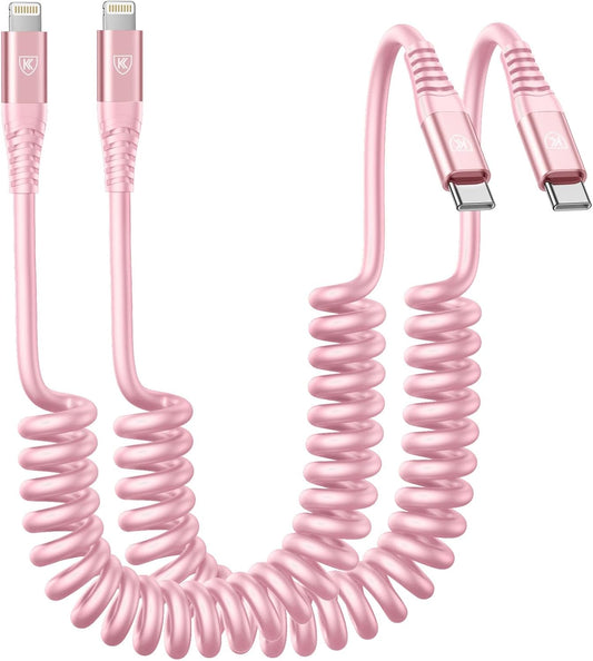 KIYODA USB C to Lightning Cable 3FTfor Car, Coiled iPhone Charger Fast Charging Short USBC Lightning iPhone Cord for iPhone14/13/12/11 Pro Max/iPad/CarPlay- 2Pack Pink