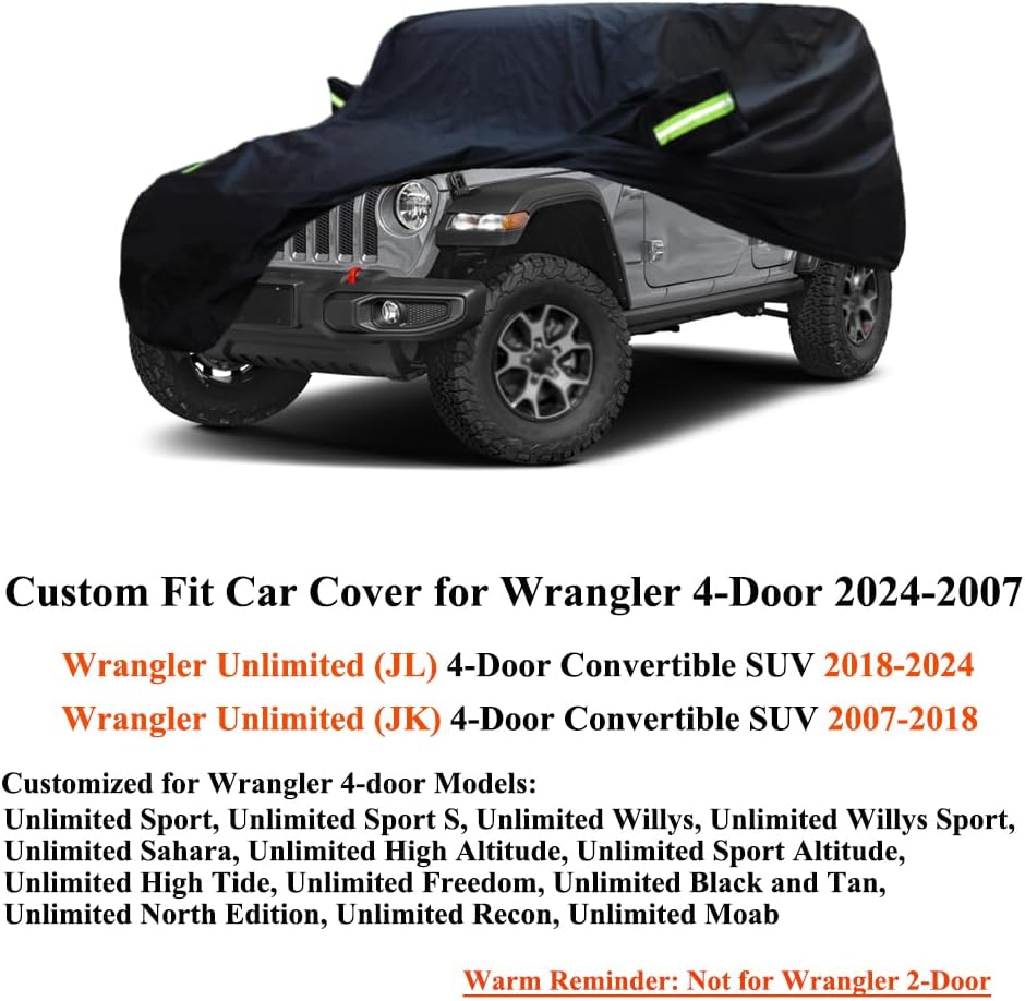 Waterproof All Weather Car Cover Compatible with Jeep Wrangler 4 Dr 2025-2007, Custom Snow Rain Sun UV Outdoor Cover with Cotton Lining for Wrangler Unlimited 4 Door JL JK, Heavy Duty Covers
