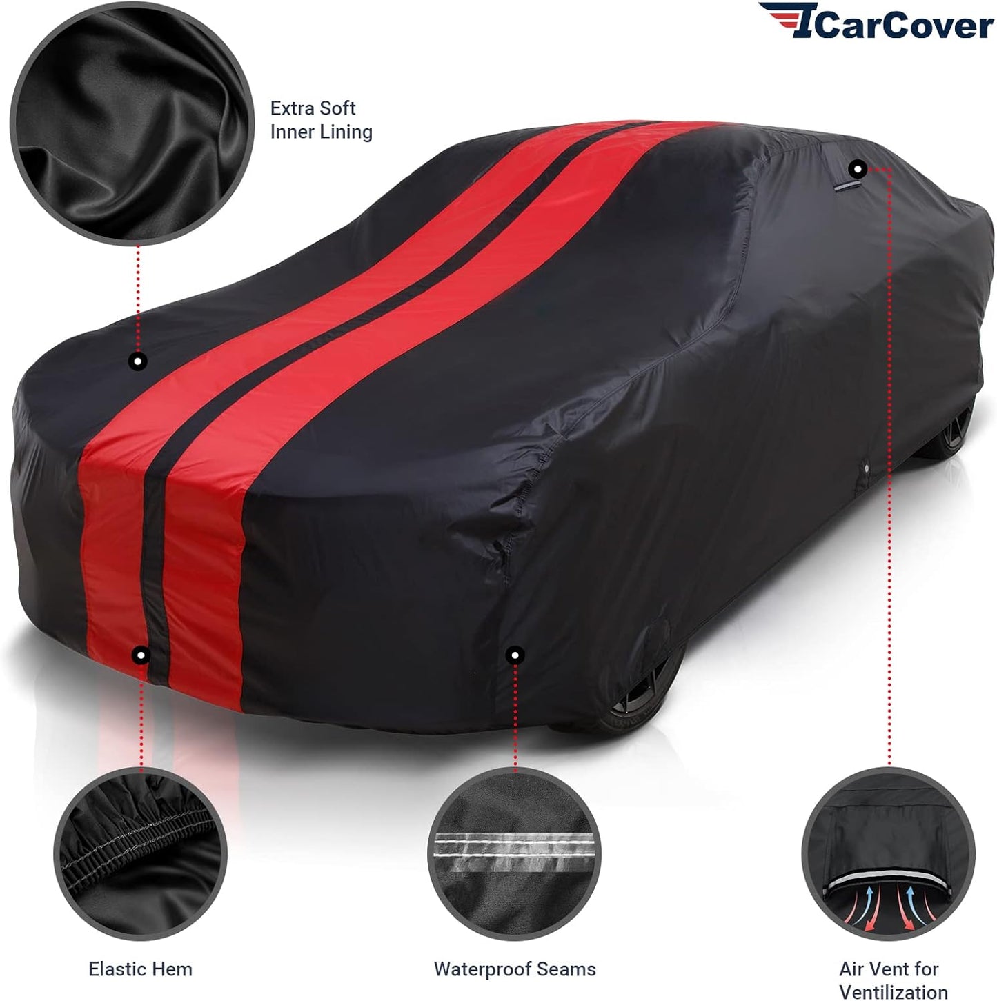 iCarCover Custom Car Cover for 1964-1968 Ford Mustang Waterproof All Weather Rain Snow UV Sun Protector Full Exterior Indoor Outdoor Car Cover (Stripe - Black/Red)