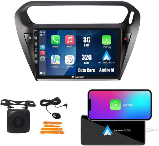 Kunfine Car CarPlay Android Auto Navigation Stereo GPS Radio Reverse Camera Display 9" IPS Touchscreen Headunit Tablet Pad Media Player For Peugeot 301 13-22 if Applicable Octa Core 3G+32G Matte Black