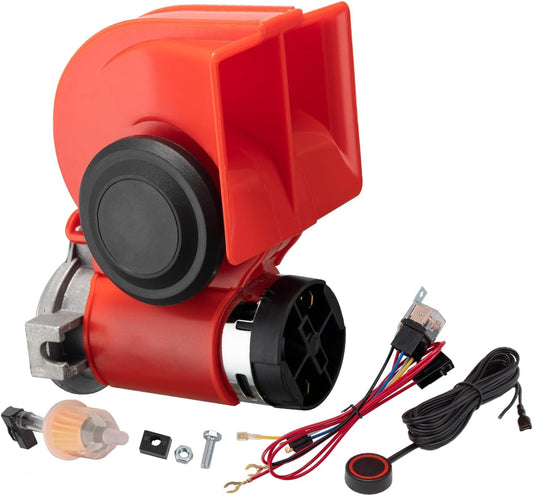 Train Horns kit for trucks,Air Horn for Motorcycle,Train Sound Car Horn Kit 12V Super Loud Electric Bull Horn(red horn with wire and button, 12v)