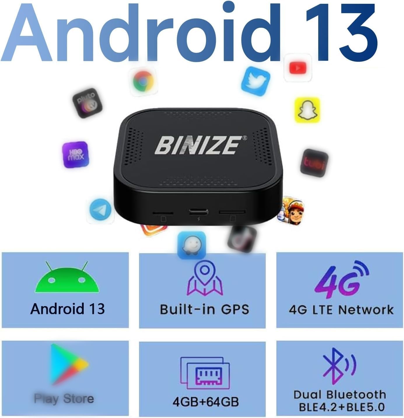 BINIZE CarPlay Ai Box 2.0 Wireless CarPlay/Android Auto with Video APPS 4G+64GB, 8Core, Supports Cars with OEM Wired CarPlay/Android Auto