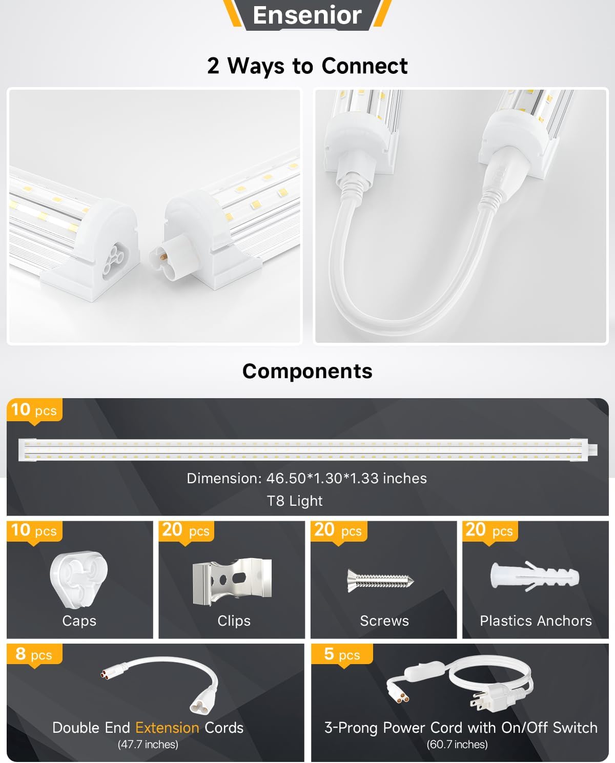 Ensenior 10 Pack 4 FT Led Shop Lights, 5000K Daylight, 5000LM Super Bright, 36W Equivalency 468W, Commercial Bay Lighting, U-Shaped Linkable Shop Lights Plug in for Garage, Workshop, FCC Certified