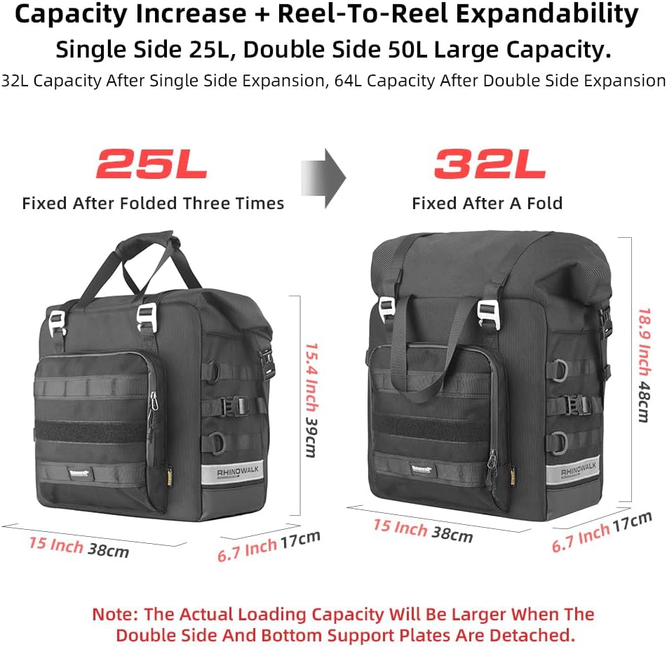 Rhinowalk Motorcycle Saddle Bag Waterproof Motor Pannier Bag Luggage Pack Quick Release Motorbike Side Bag 25L (Black)