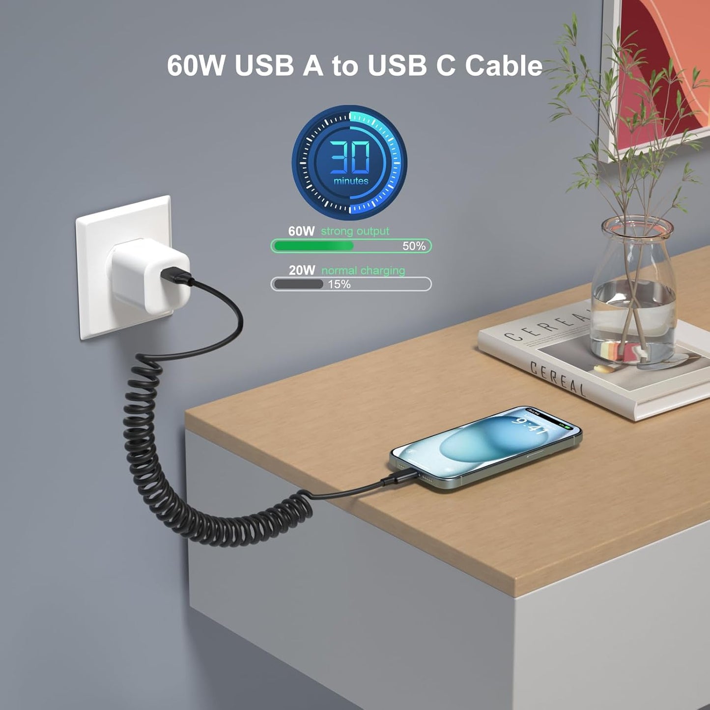 Coiled USB C Cable for Car, 3ft Retractable Car Charger Type C Fast Charging Cord 60W 3A for iPhone 16 15 Pro Max Carplay Galaxy S25 Ultra S24 FE A15 A54 A35 A16 Android Phones, 3Pack