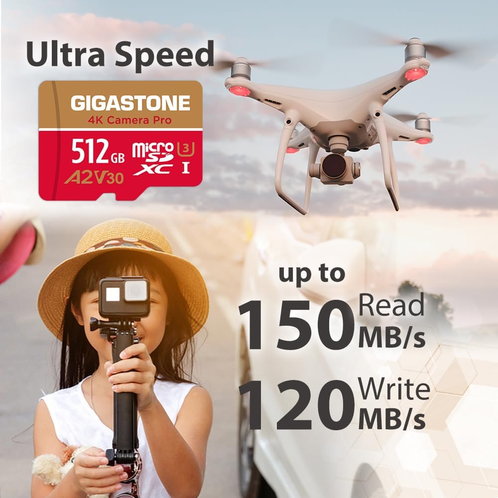 [5-Yrs Free Data Recovery] GIGASTONE 512GB Micro SD Card, 4K Camera Pro, A2 V30 for Smartphone, Gopro, Action Cams, 4K UHD Video Recording, R/W up to 150/120 MB/s, UHS-I U3 C10 Class 10 with Adapter
