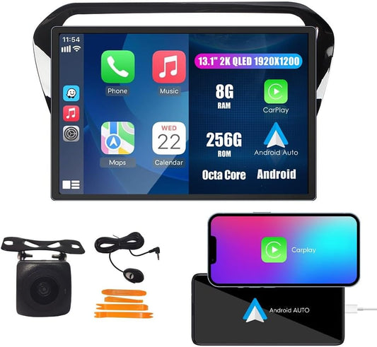 Kunfine Car CarPlay Android Auto Navigation Stereo GPS Radio Camera Display 13.1" QLED Touchscreen Headunit Tablet Media Player for Peugeot 301 2013-2022, if Applicable Octa Core 8G+256G Gloss Black