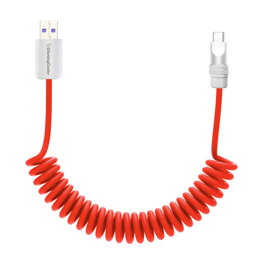 chubbycable Curly Chubby - Retractable Fast Charging Cable 240W Coiled Charger Cord for Car Durable USB-C Cable for Phones, Tablets and More, Red, USB-A to Type-C, 1.3FT-2.3FT