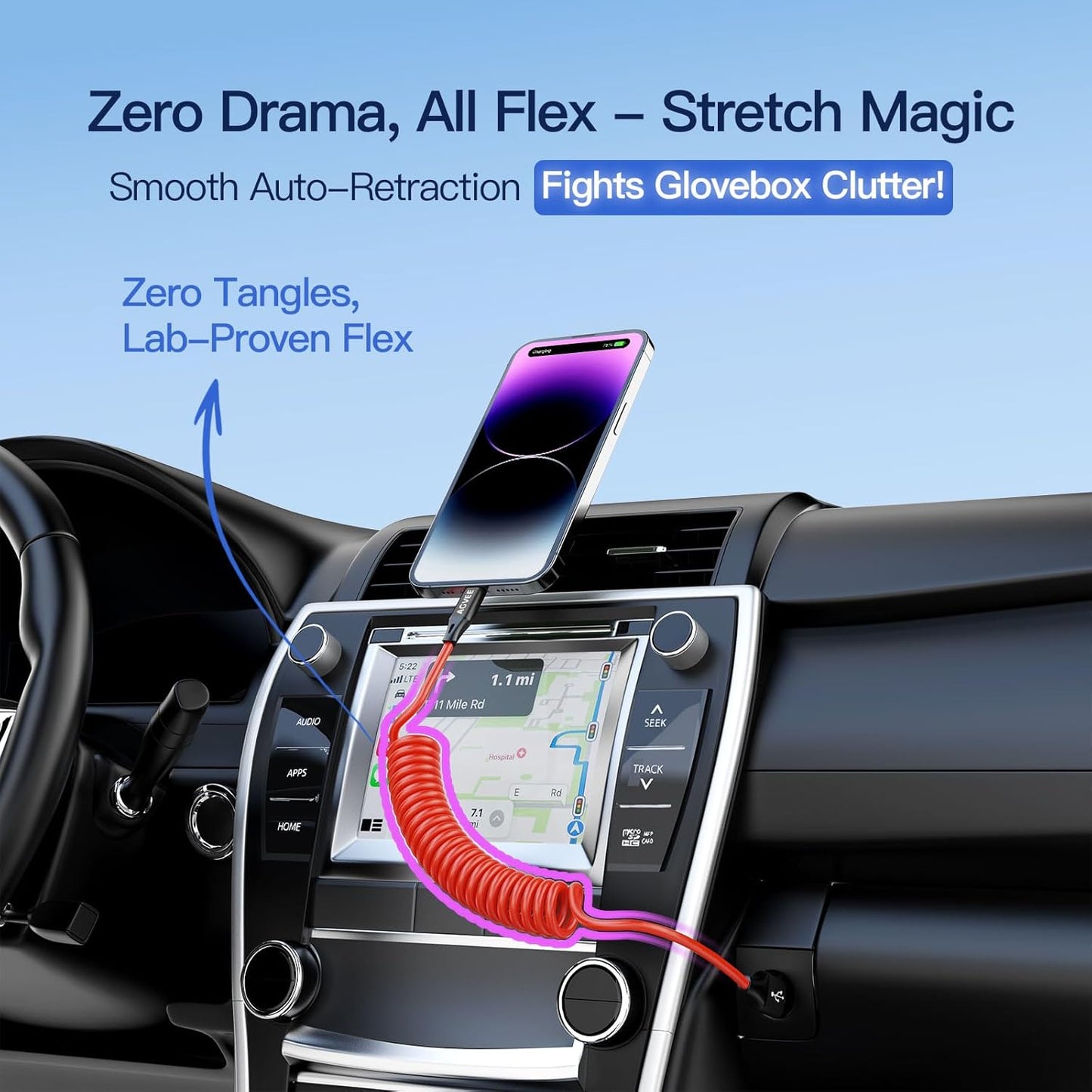 AGVEE 3ft Coiled Short USB to Lightning Charging Cable [MFI Certified] 3A Fast Charger Cord in Car for iPhone 14/13/12/11/XS/8/7/6/5 CarPlay, iPad, iPod, Red