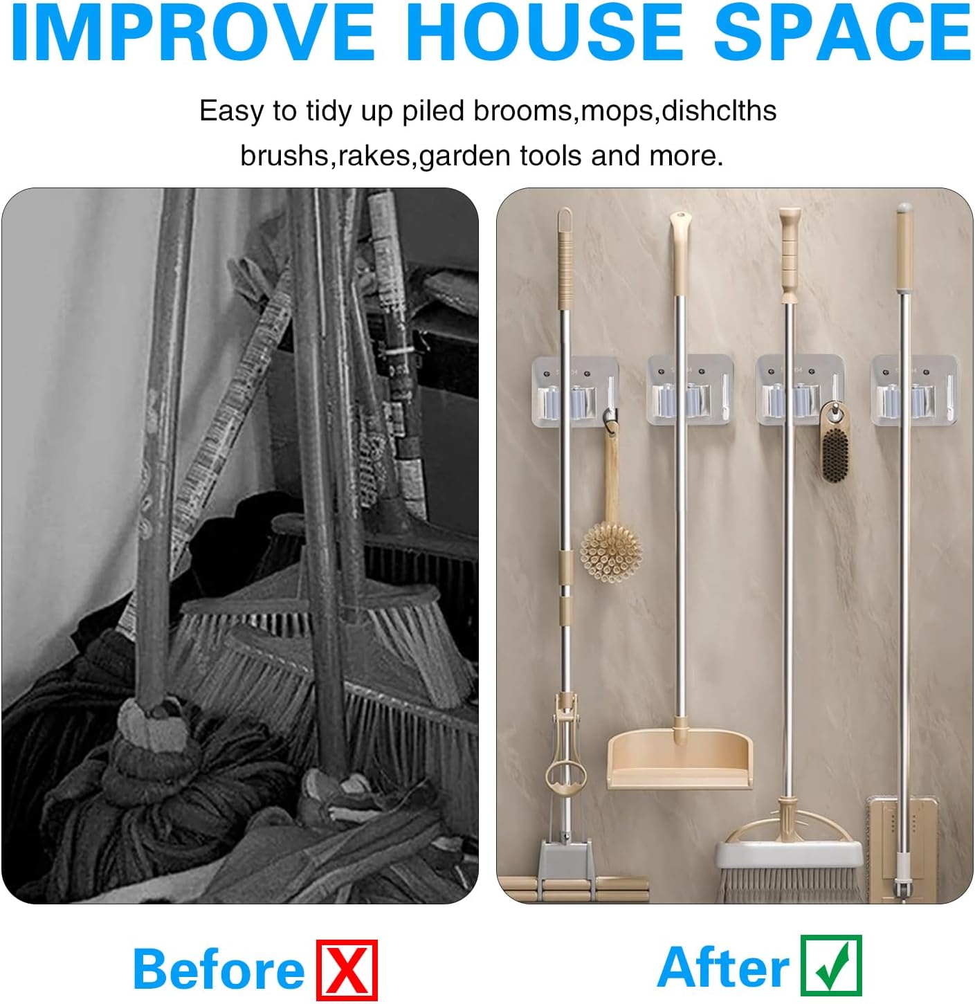 5 Pack Broom Holder Heavy Duty Stainless Steel Broom Hanger with Hooks Screw Drilling Rust Resistant Mop and Broom Holder Wall Mount for Bathroom Kitchen Laundry Room Garage - Silver