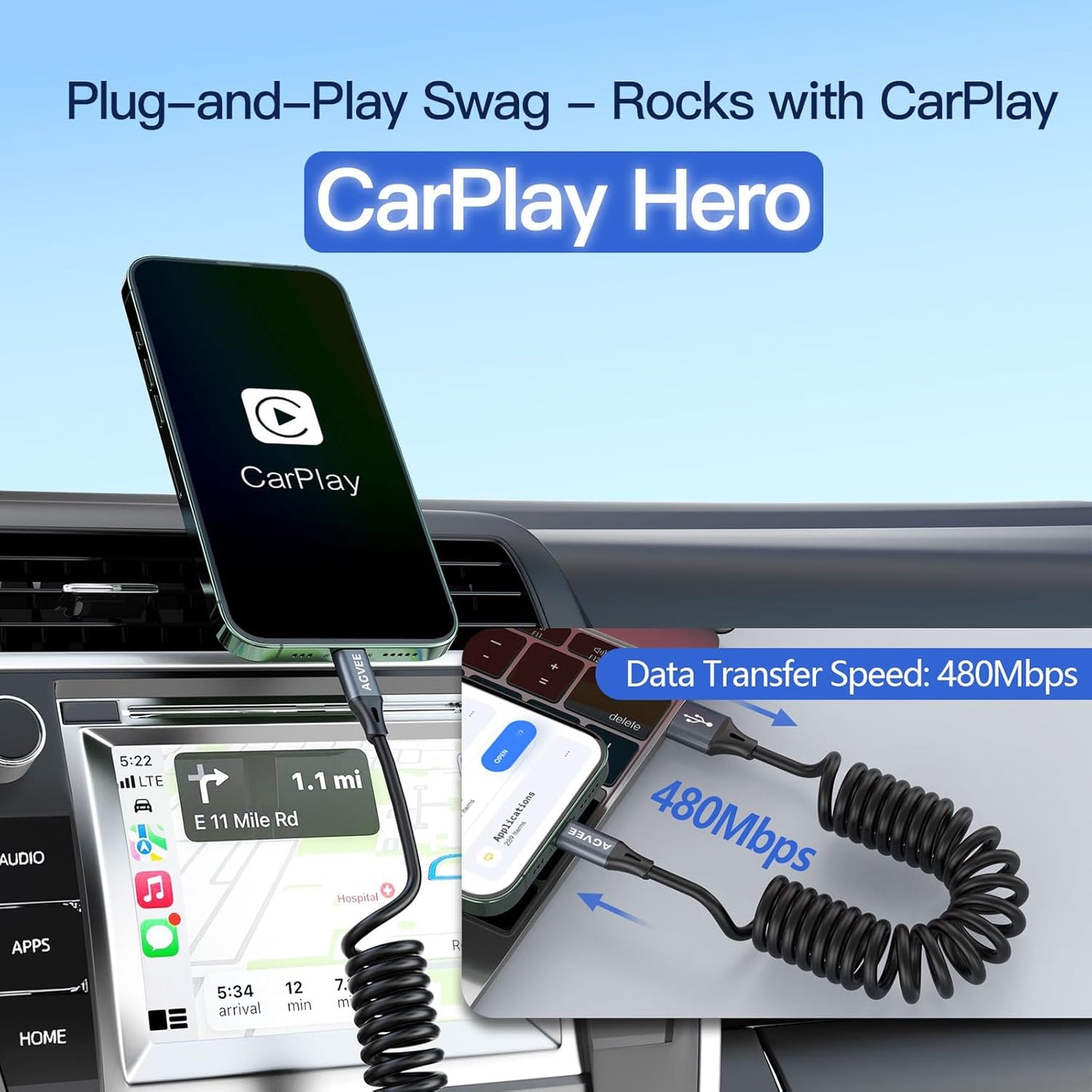 AGVEE 2 Pack 5ft Coiled Short USB to Lightning Charging Cable [MFI Certified] 3A Fast Charger Cord in Car for iPhone 14/13/12/11/XS/8/7/6/5 CarPlay, iPad, iPod, Dark Gray