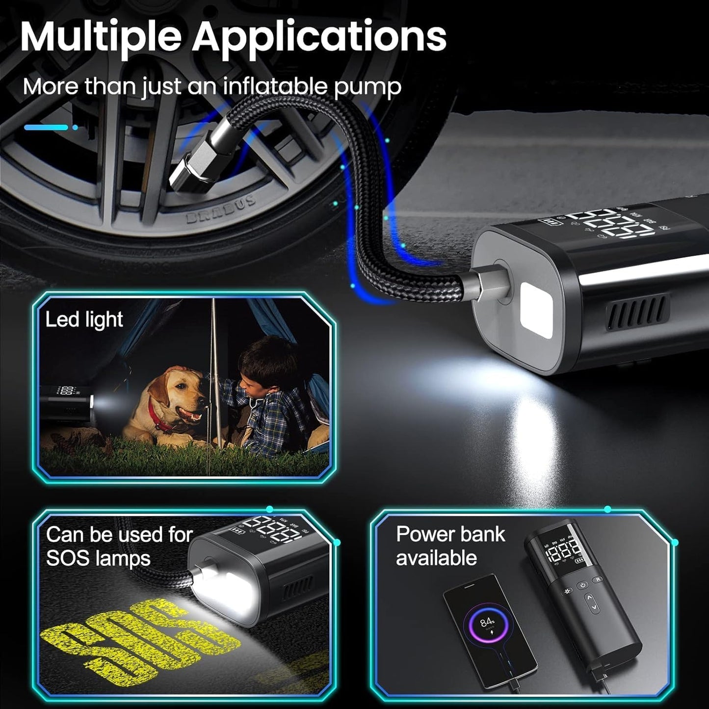 Tire Inflator Portable Air Compressor, Air Pump for Car Tires, Cordless Air Compressor 120 PSI - One Click Smart, Tire Pump for Car, Motorcycle, Bicycle, Balls, with Pressure Gauge, LED Light