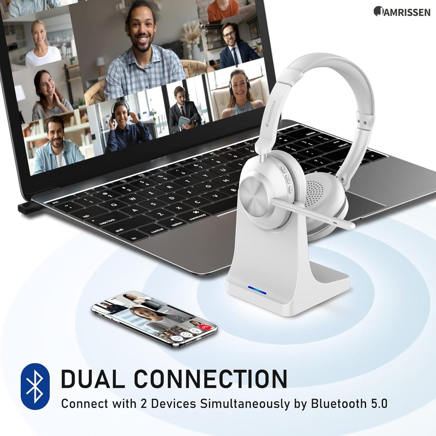 Wireless Headset with Mic for Work, Bluetooth Headset with Microphone (AI Noise Canceling & Mic Mute), Wireless Headset with USB Dongle & Charging Dock for Work/Home/Office/Call Center/PC/Laptop/Zoom