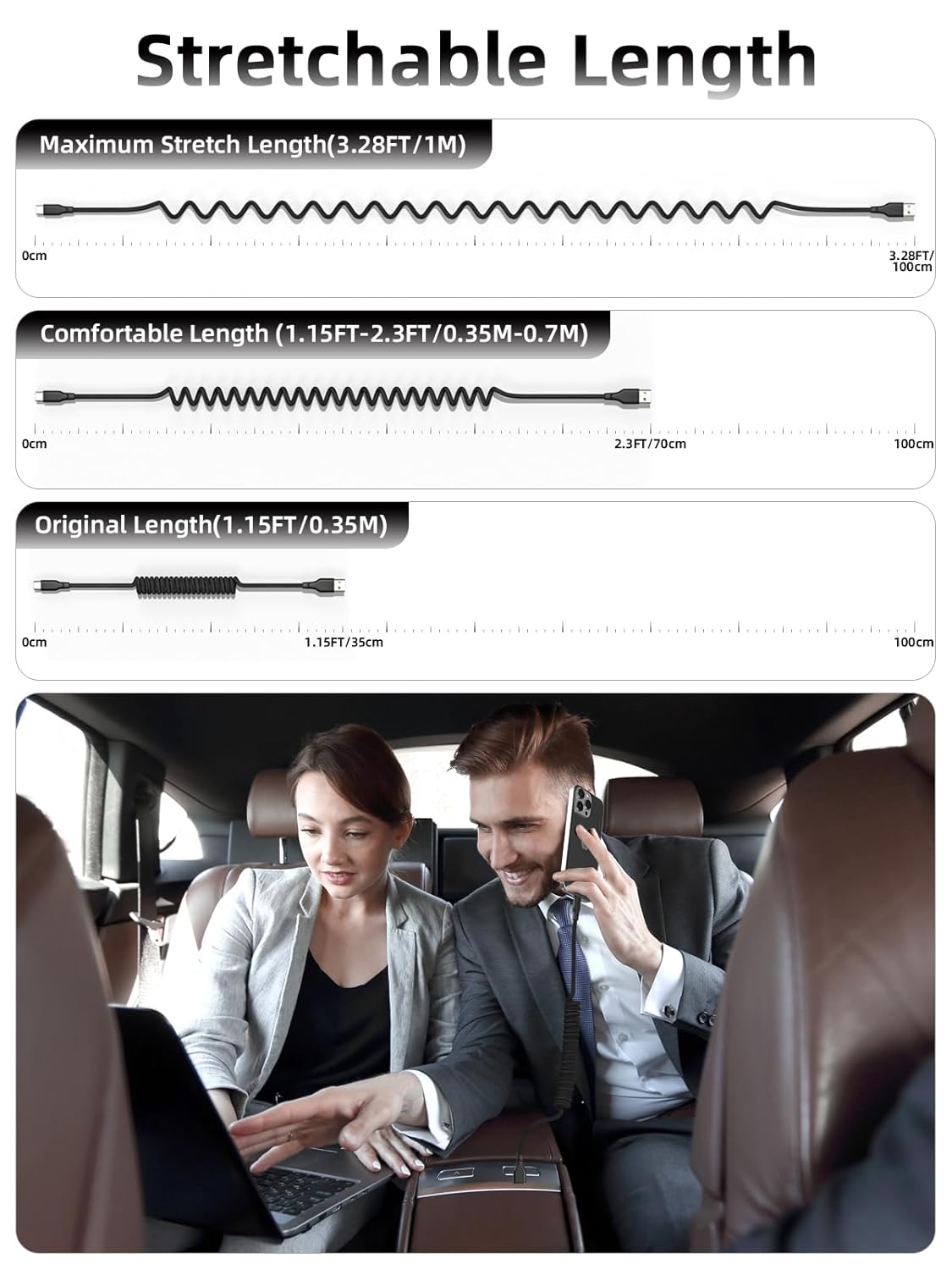 Car Carplay Cable 2Pack 3ft Coiled USB A to USB C Fast Charge Cord for iPhone 16/15/Plus/Pro Max/MacBook Pro, Auto Coiled Retractable iPhone Car Cord