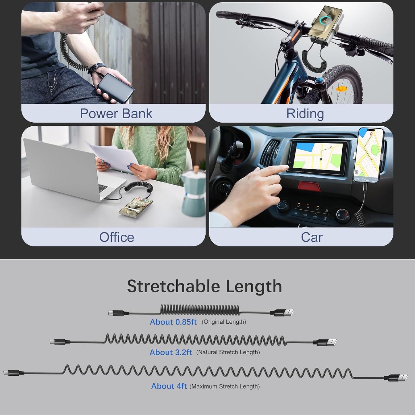 USB to USB C Cable Coiled Car Charger, C Charger Fast Charging Cord 3ft for Carplay 60W 3A Retractable Auto USB A to USB C for iPhone 16 15 Galaxy S25 Ultra S24 FE A15 A54 A35 A16, 2Pack