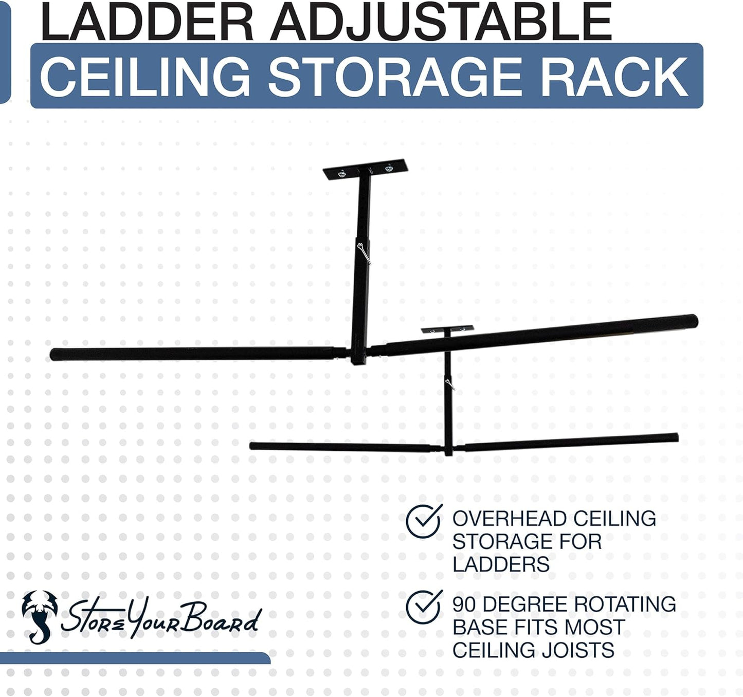 StoreYourBoard Double Ladder Ceiling Rack – Hi Port 2 Garage Ceiling Ladder Hanger | Adjustable Overhead Ladder Storage for Step & Extension Ladders | Garage Organization | Holds 150 lbs