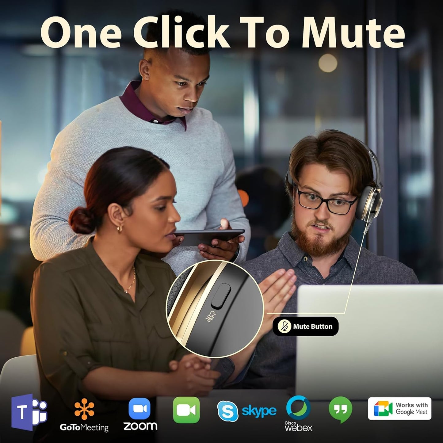 V5.3 Wireless Headset with Mic for Work, 45Hrs Computer Headset with Microphone, Bluetooth Headphones with Noise Cancelling Mic, Charging Base, USB Dongle & Mute Button for PC, Skype, Zoom