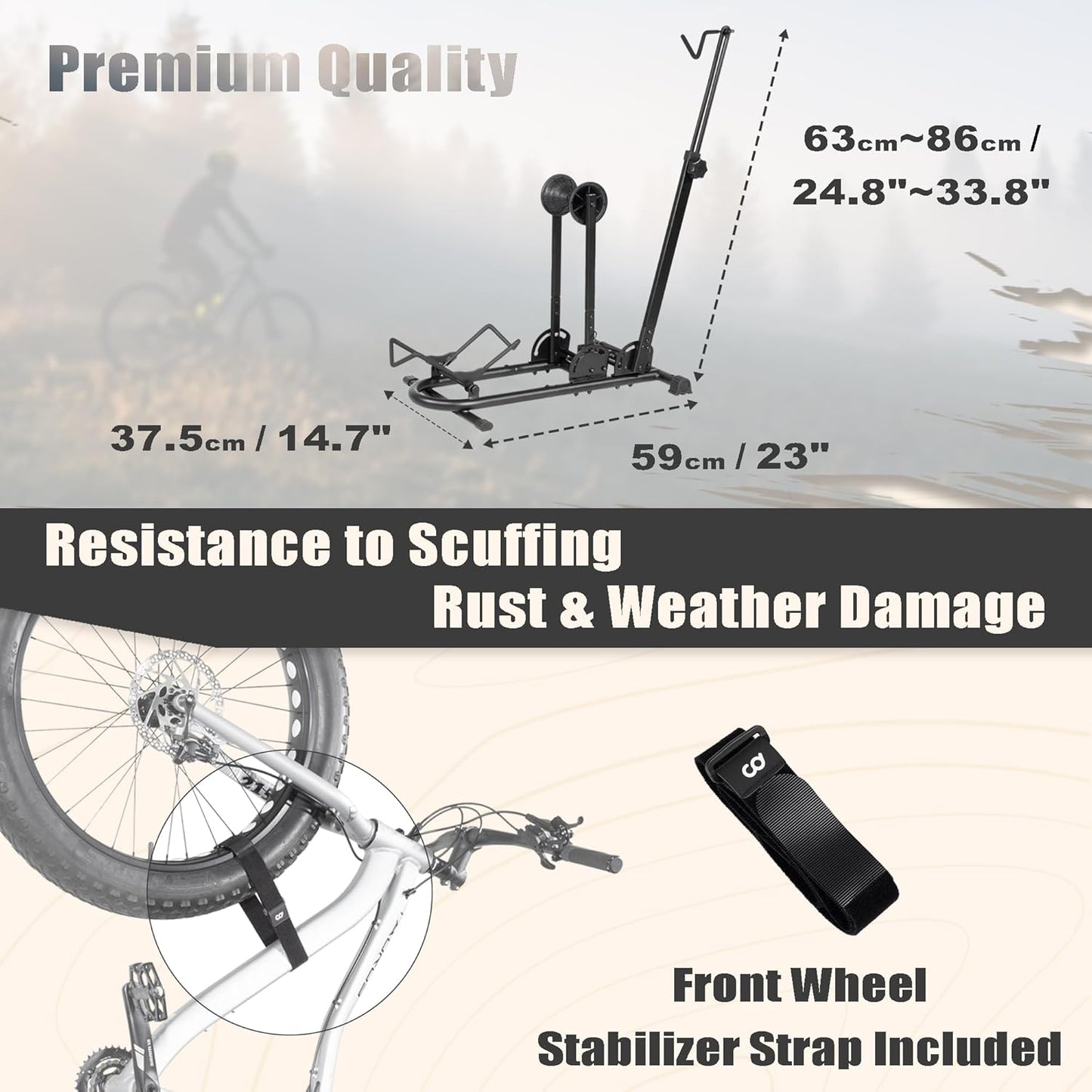 BIKE HAND Vertical Bike Stand - for Fat Bike Snow MTB Road Bikes with Max 5" Tire Width - Vertical & Horizontal Adjustable Bicycle Parking Rack with Seatpost Stabilizer - Wheel Sizes up to 29"