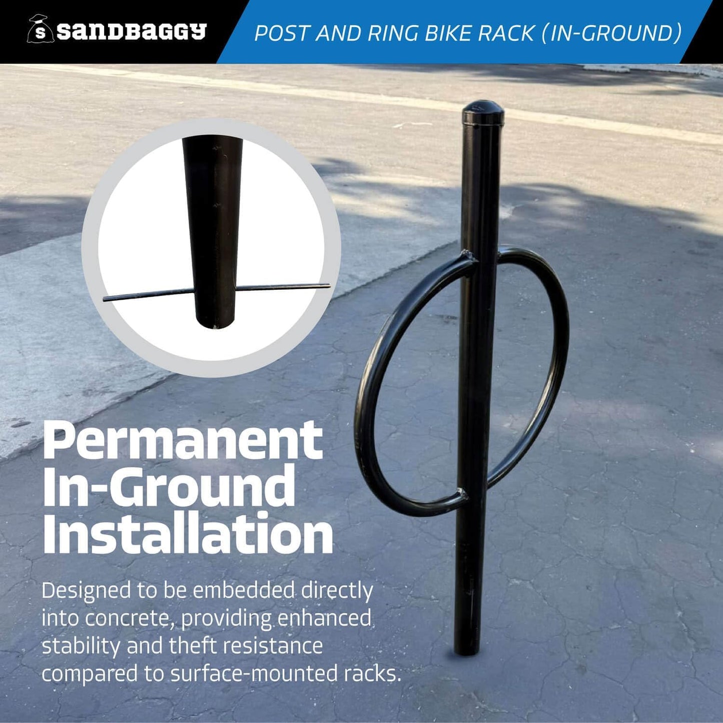 Sandbaggy Post and Ring Rack - In Ground - Commercial Outdoor Bike Parking & Storage Racks (Black, 1)