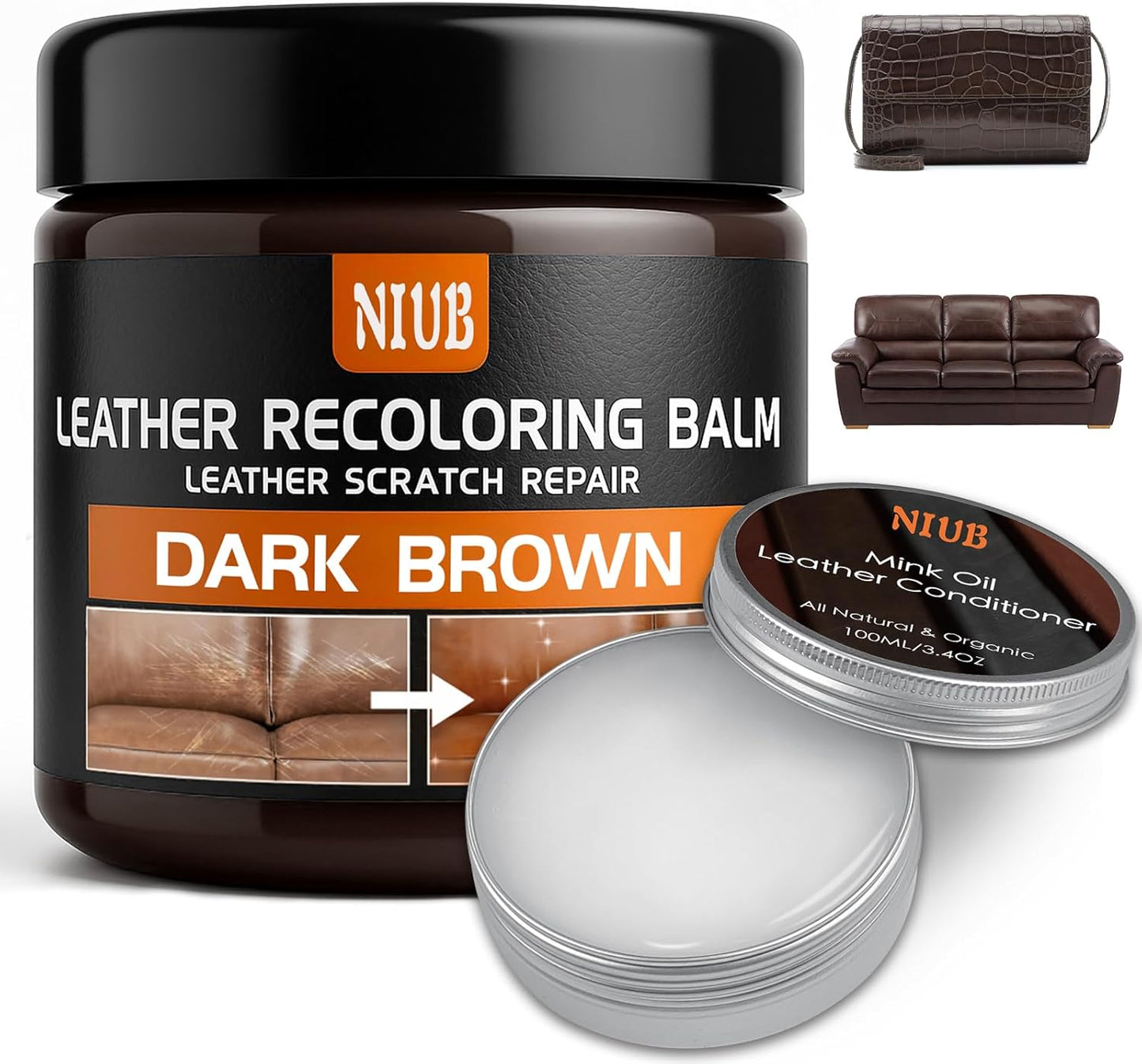 Leather Recoloring Balm Leather Color Restorer Scratch Repair Leather Paint for Furniture Couches Car Seats Shoes Bags Leather Dye and Scratched Leather with Leather Conditioner - Dark Brown