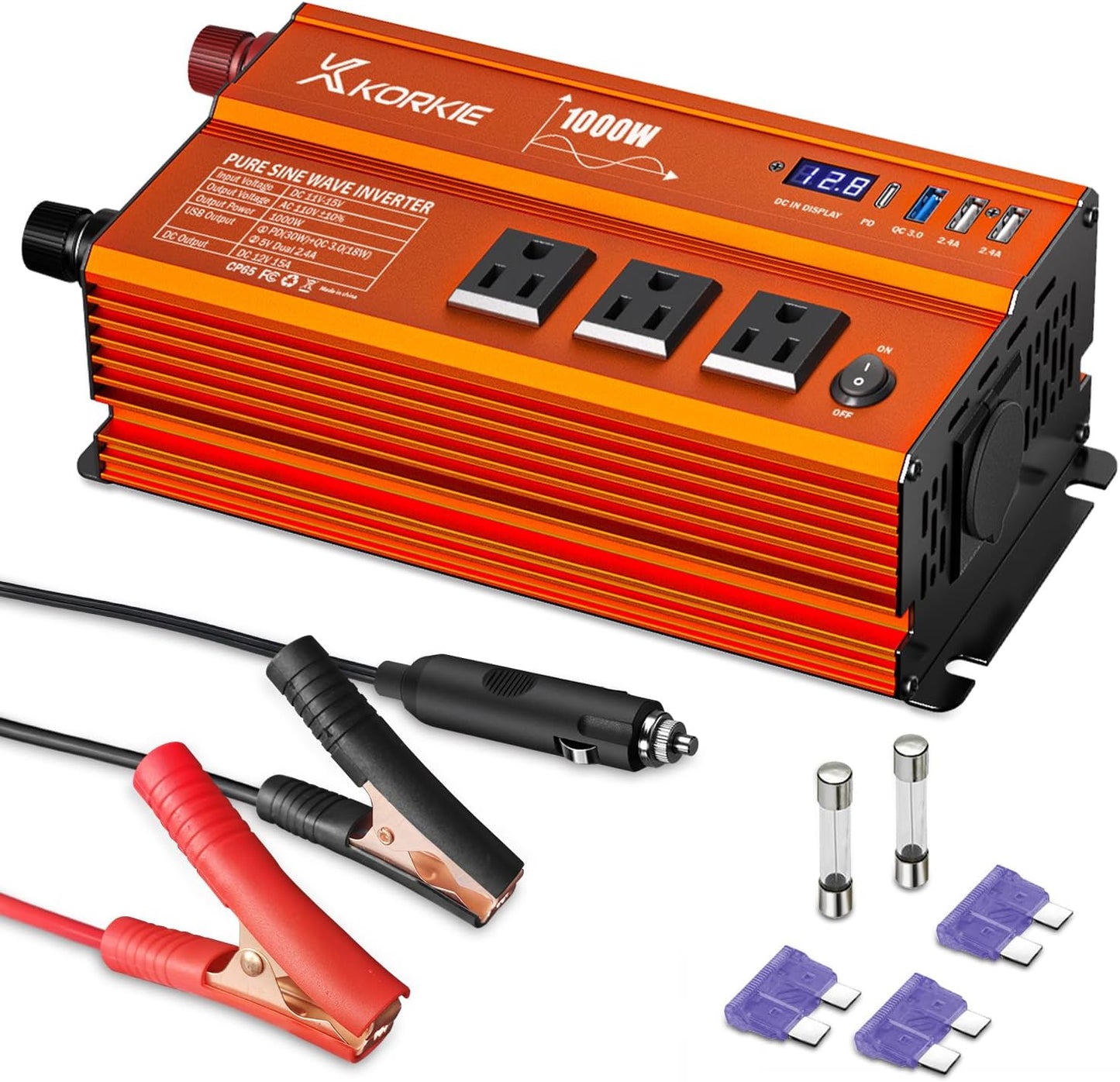 1000W Pure Sine Wave Inverter, Car Power Inverter, 12V DC to 110V AC Power Converter, Emergency Power Inverter with Type-C, Dual 5.2V/2.4A USB, 3AC Outlets for Home,Camping, RV, Truck, Vehicles