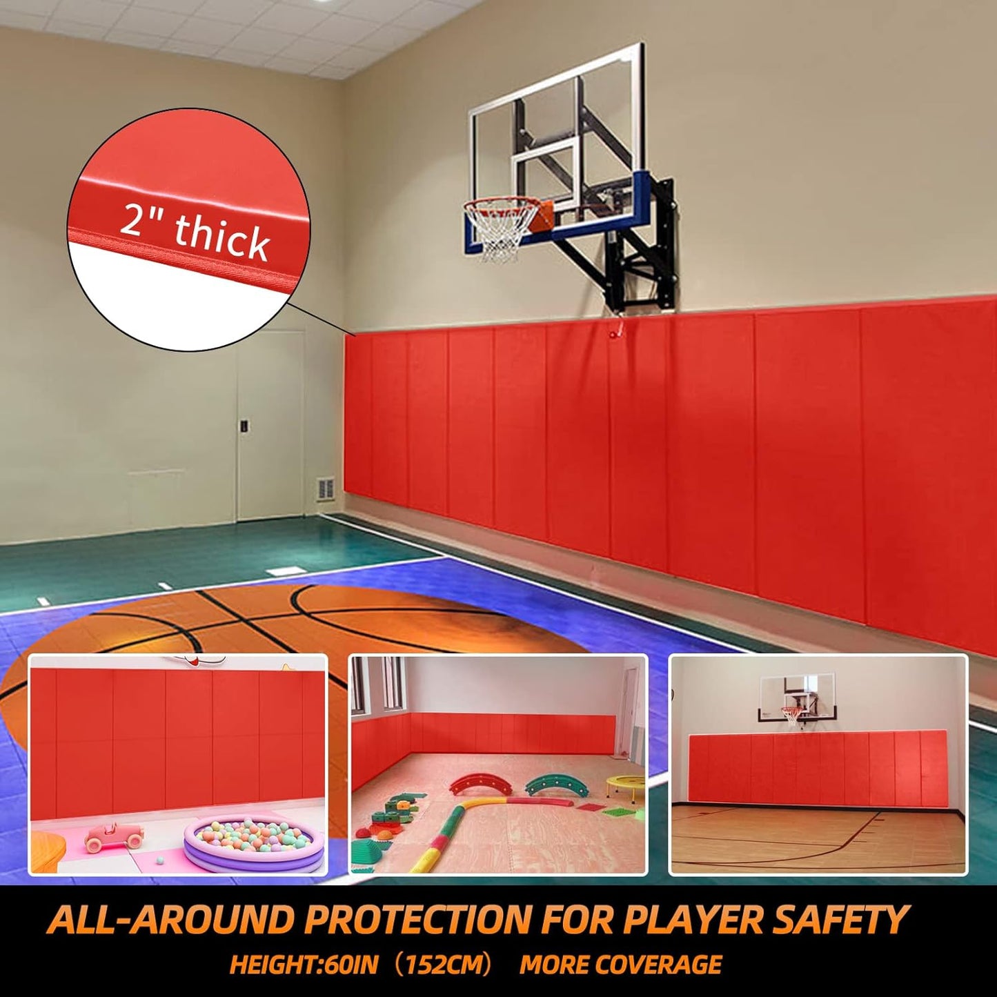 PROGOAL 2"/4" Thick Foam Protection Wall Pad，Gym Basketball-Court Protectors，Durable Waterproof Padding for Wall-Mounted Basketball Hoops(60" L x 20" W)…