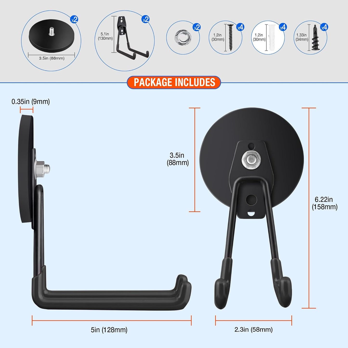 2 Pack Large Strong Magnetic Hooks For Hanging Heavy Duty, 3.5in Neodymium Magnet Storage Utility Hooks Industrial Magnet Hook Steel Long Magnetic Holder Hanger Organizer For Garage Garden Power Tools
