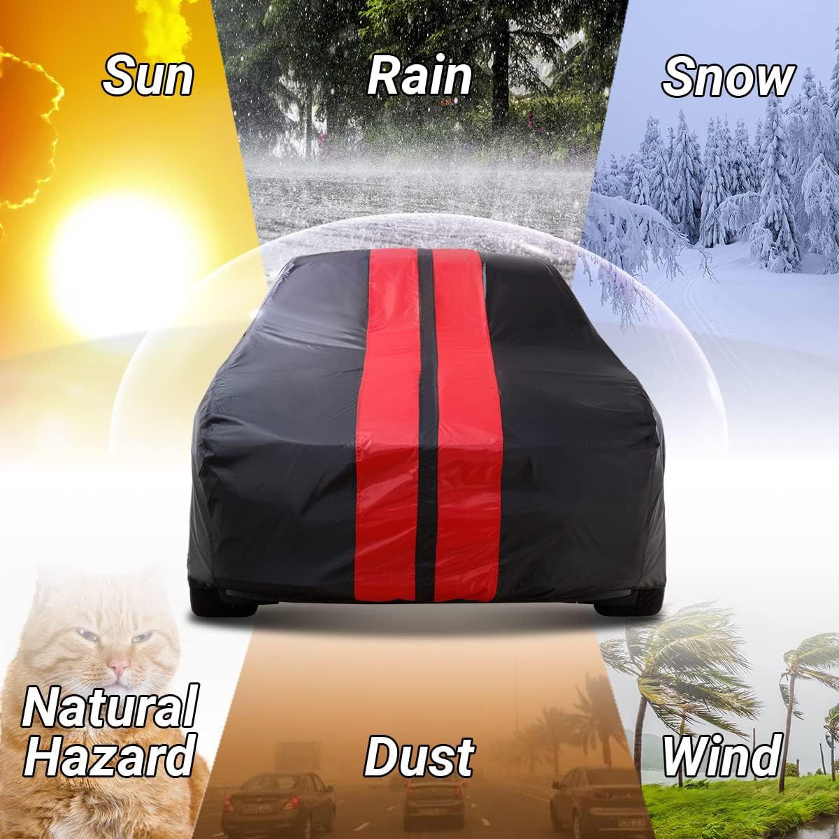 iCarCover Custom Car Cover for 1974-1978 Ford Mustang Waterproof All Weather Rain Snow UV Sun Protector Full Exterior Indoor Outdoor Car Cover (Stripe - Black/Red)
