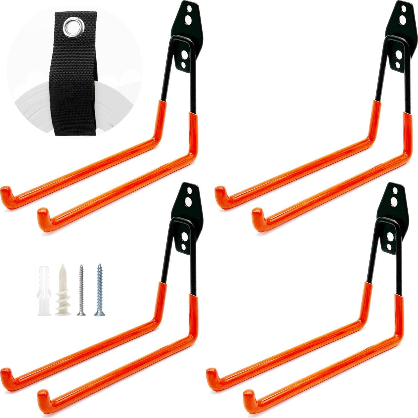 Heavy-Duty Garage Hooks -4 Pack Type large J - Anti-Slip Coated Wall-Mounted Hooks Wall Mount Storage Organizer for Hanging Power and Garden Tools, Ladders, Hose, Bikes, Ropes, Bulk Items, and More