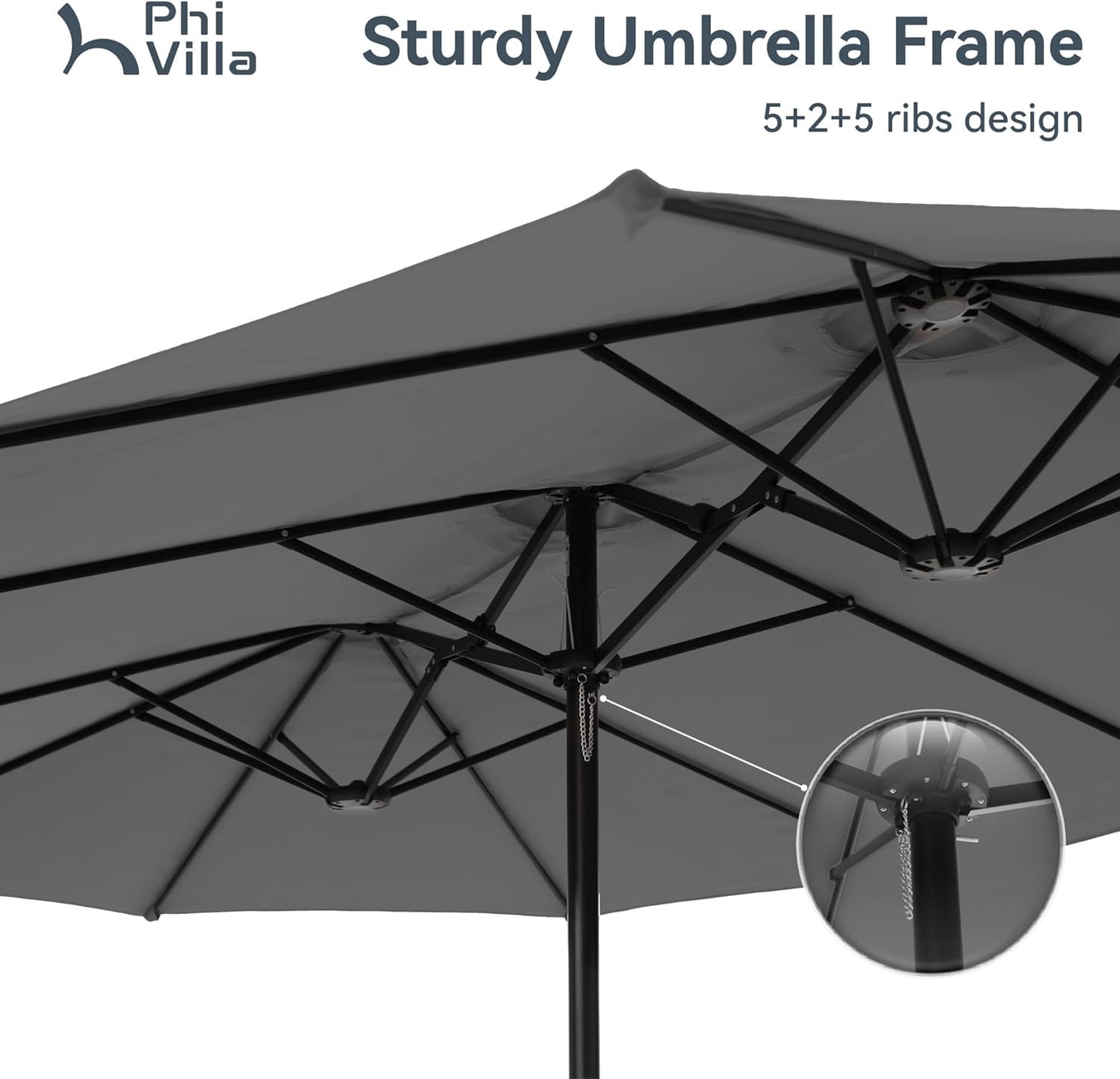 PHI VILLA 15ft Large Patio Umbrellas with Base, Outdoor Double-Sided Rectangle Market Umbrella for Pool Lawn Garden, Light Gray
