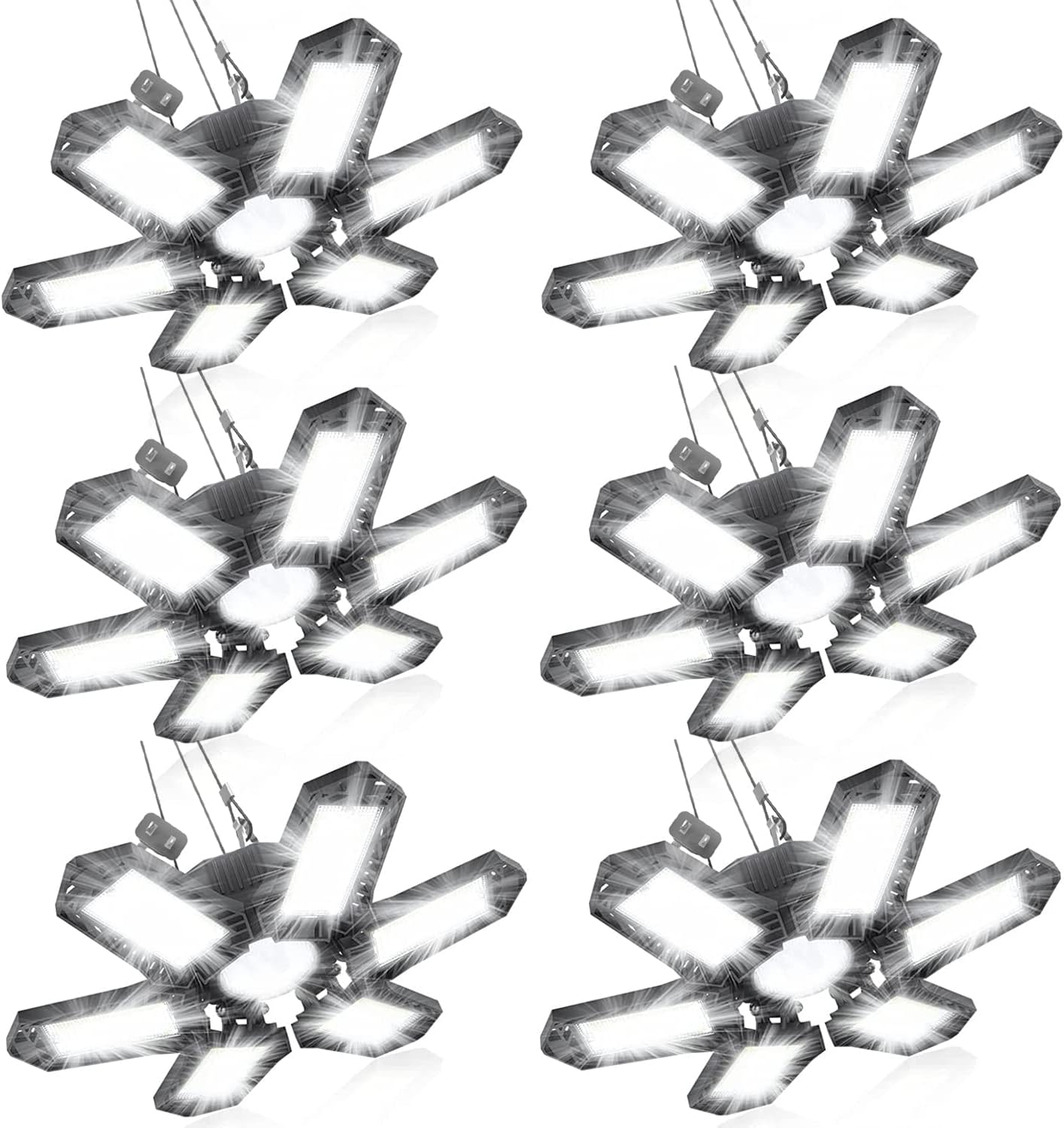 SEOBIOG LED Garage Lights - 6 Pack, 200W 20000LM Plug-in Shop Light with 6+1 Deformable Panels for Garage, Warehouse, Barn, Basement (Built-in ON/Off Switch)