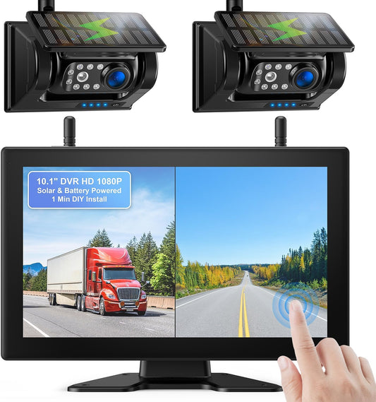 Fookoo 2 Magnetic Solar Wireless Backup Camera 10.1" IPS Touchscreen Monitor 1 Min DIY Install Portable Scratch-Proof No Drilling HD 1080P DVR Rechargeable Night Vision for RV Truck Camper - DCM102