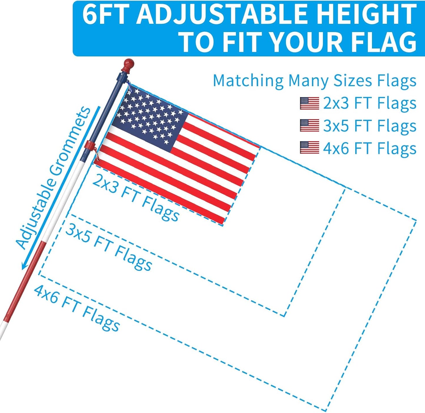 ZMTECH Flag Pole - Upgraded Bracket, 6 FT Stainless Steel Flag Poles for Outside House, Residential or Commerical, Tangle Free Flag Pole Kit for American Flag (Without Flag, Blue&White&Red)
