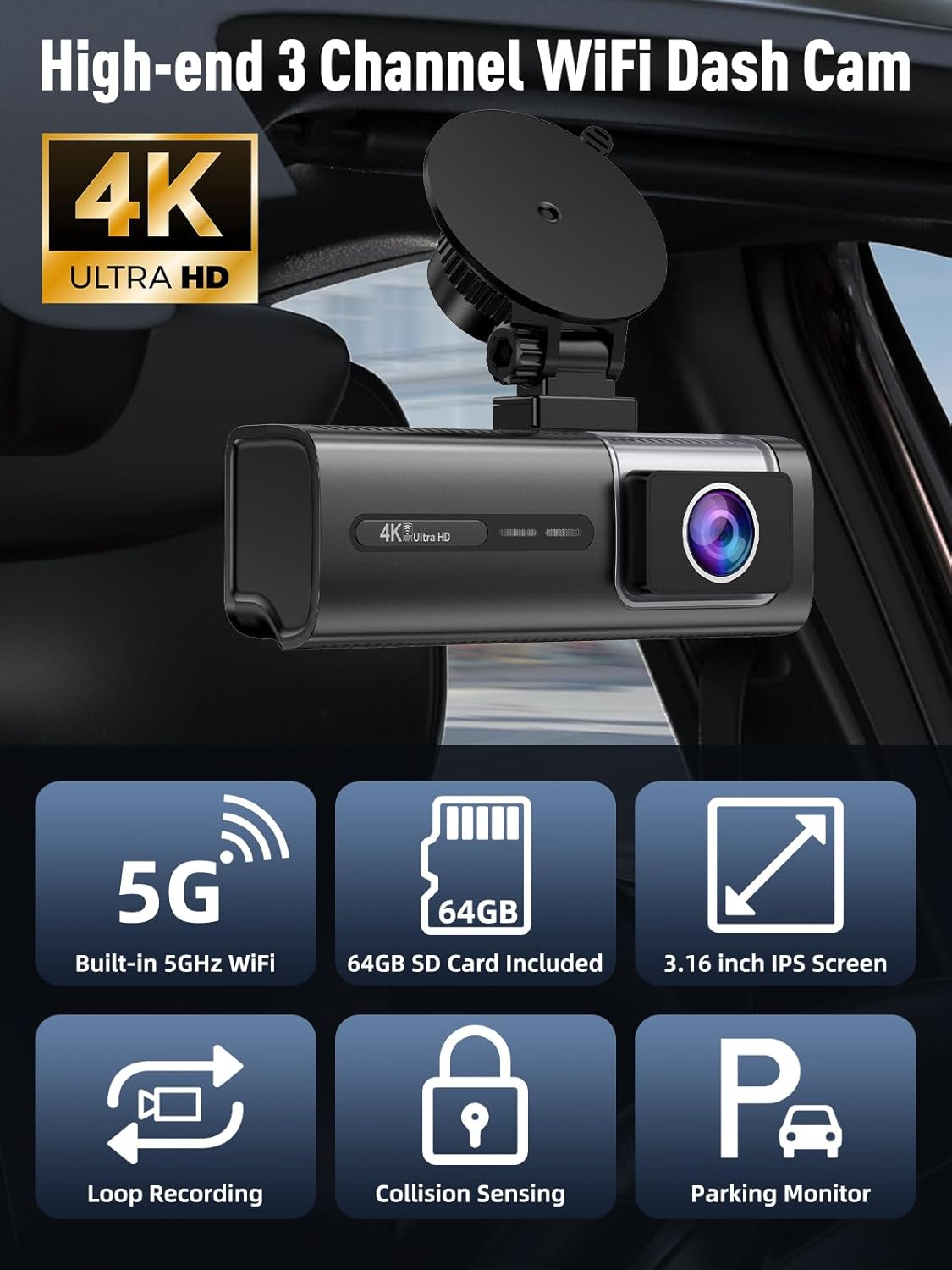 3 Channel 5G WiFi Dash Cam, 4K+1080P+1080P Dash Cam Front and Rear Inside with 64GB Card, 3.16” IPS Screen, G-Sensor, Loop Recording, Parking Monitor, 170° Wide Angle, IR Night Vision, WDR, Silver
