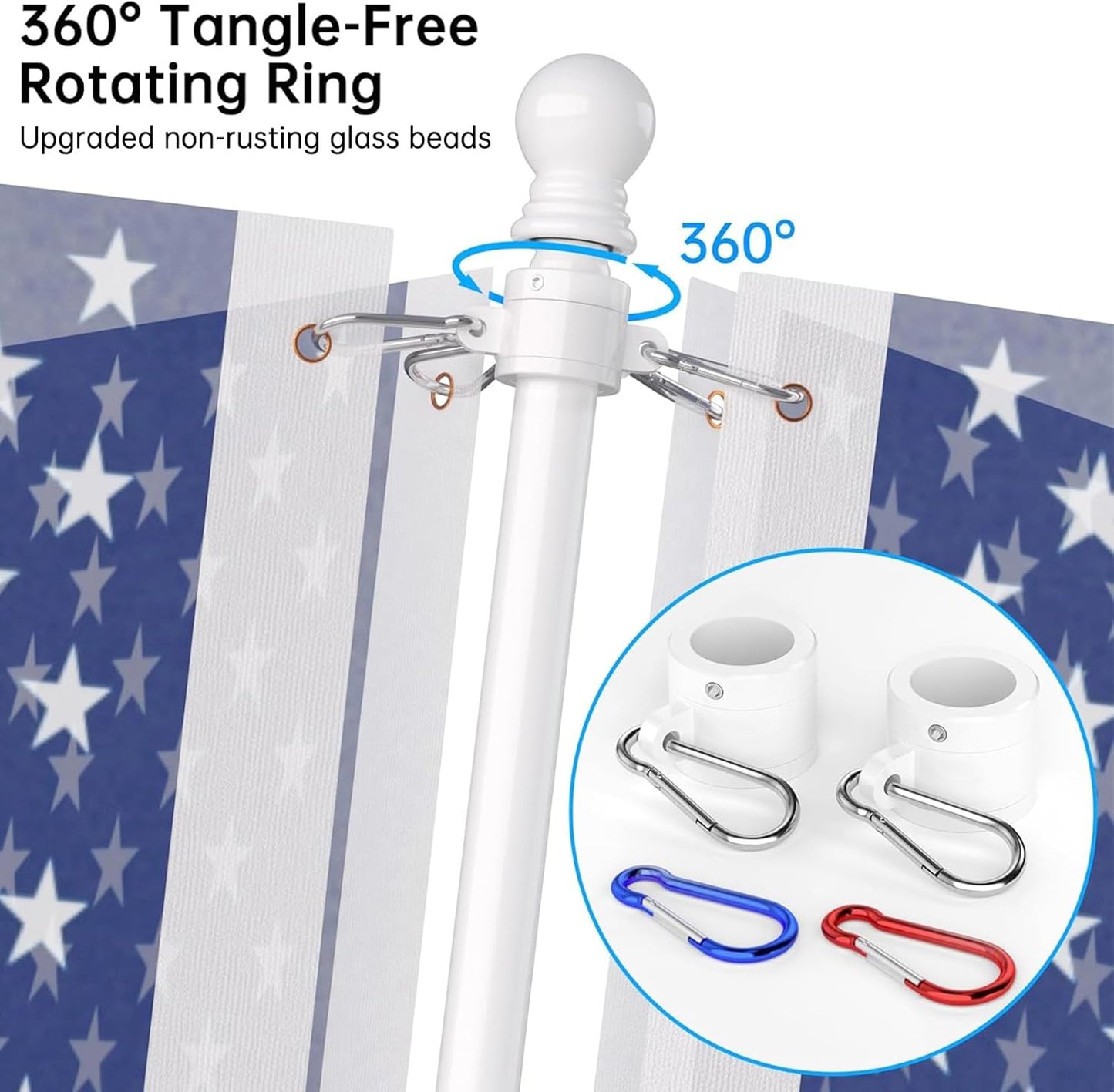 ZMTECH Flag Pole - Upgraded Bracket, 6 FT Stainless Steel Flag Poles for Outside House, Residential or Commerical, Tangle Free Flag Pole Kit for American Flag (Without Flag, White)