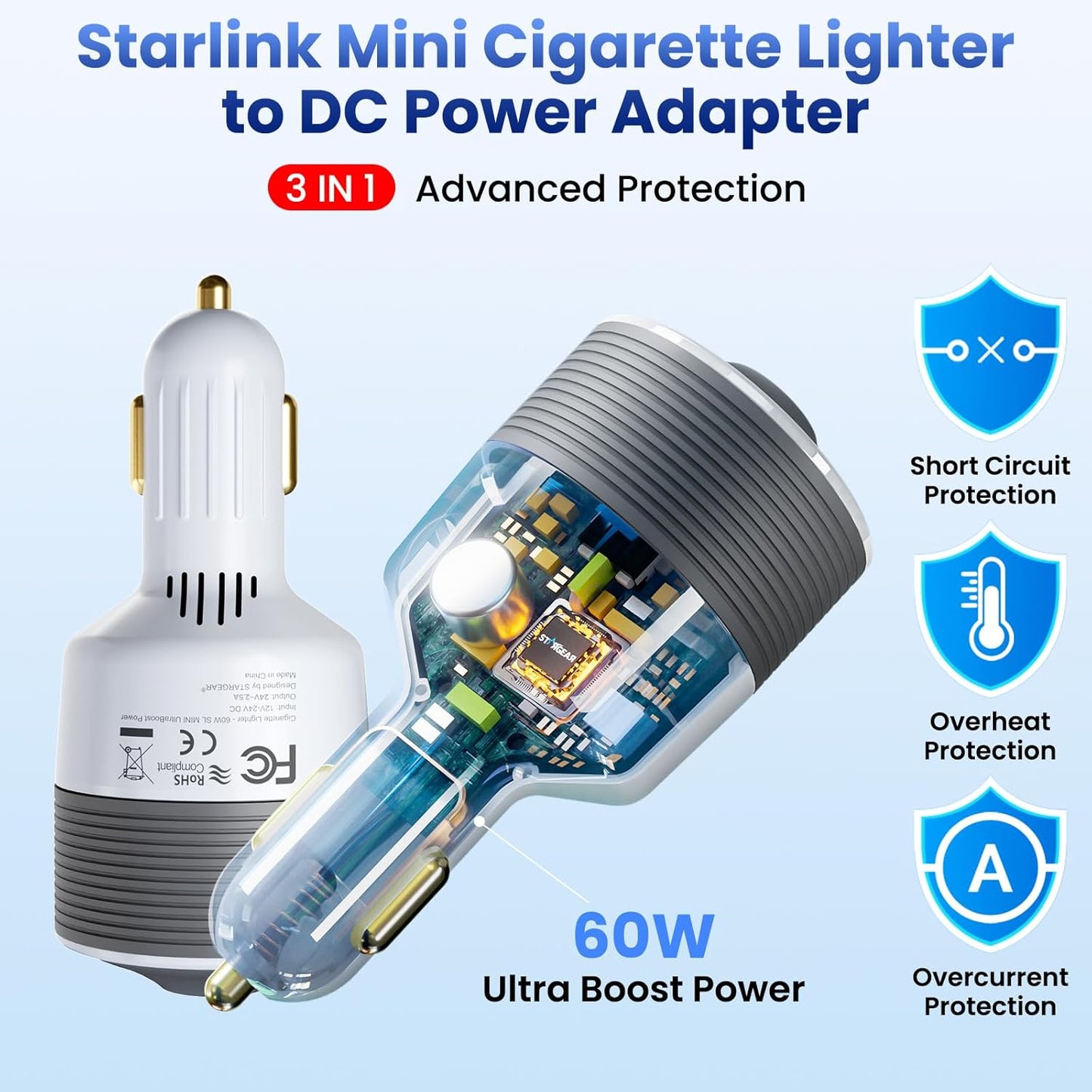 Starlink Mini Car Adapter - 12V to 24V DC Step Up Converter with 60W Car Cigarette Lighter Adapter, Starlink Mini 12V Adapters Supports Official 30M Starlinks Cable, Ideal for RV, Boat, Trailer