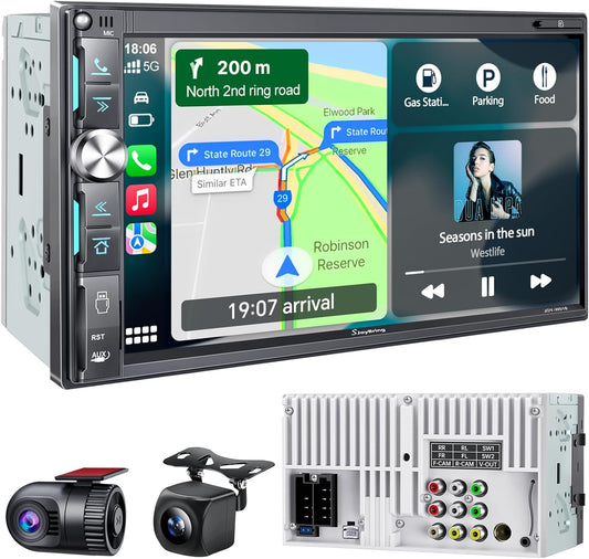QLED Double Din Car Stereo with Dash Cam & Backup Camera, Wireless Apple CarPlay & Android Auto, Bluetooth, 4.2-Ch 2 Subwoofers Outputs, 7" QLED Touchscreen, MirrorLink, FM/AM Radio