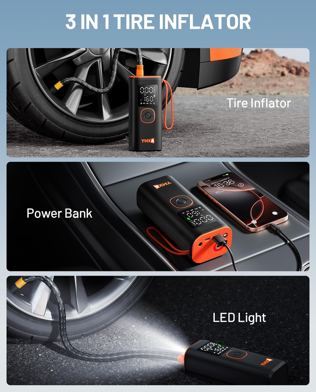 Portable Tire Inflator For Car - 5X Faster 160 PSI, DC 12V Air Pump For Car Tires, Portable Air Compressor With Large Dual Digital Screen, Tire Air Pump For with Light Truck, Motorcycle, Bike