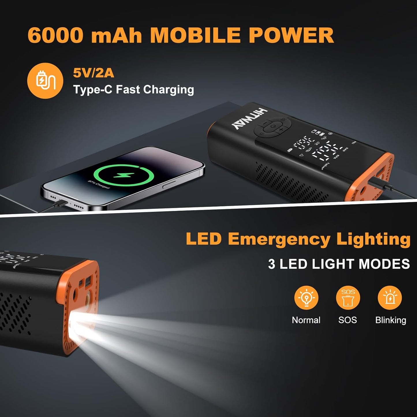 HITWAY Portable Electric Inflator Pump Supports up to 150PSI, fast inflation, suitable for car, motorcycle, bicycle tires and sports equipment, LCD display screen, USB charging, built-in LED light