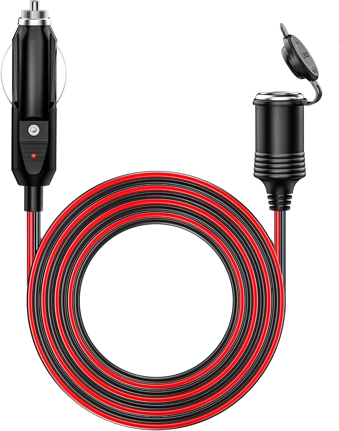 KEWIG 12/24V Car Cigarette Lighter Extension Cord - 26FT Cigarette Lighter Plug Cable- 16AWG Heavy Duty Extension Cable with 15A Fuse and LED Indicator