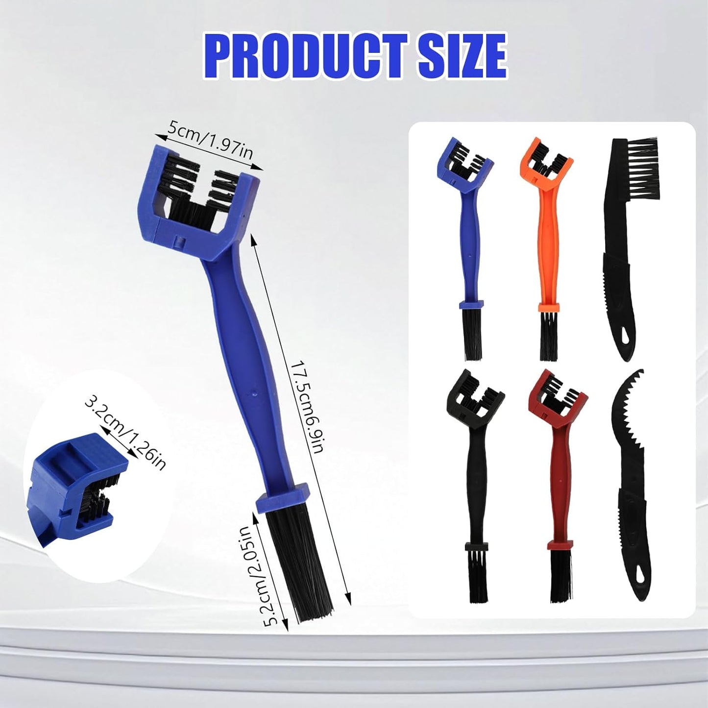 6 PCS Motorcycle Chain Cleaning Kit, Double-Head Universal Chain Brush, with Three-Sided Long Bristles, Easy to Use, Suitable for Motorcycles, Bicycles, Mountain Bikes (Black, Blue, Orange, Red)