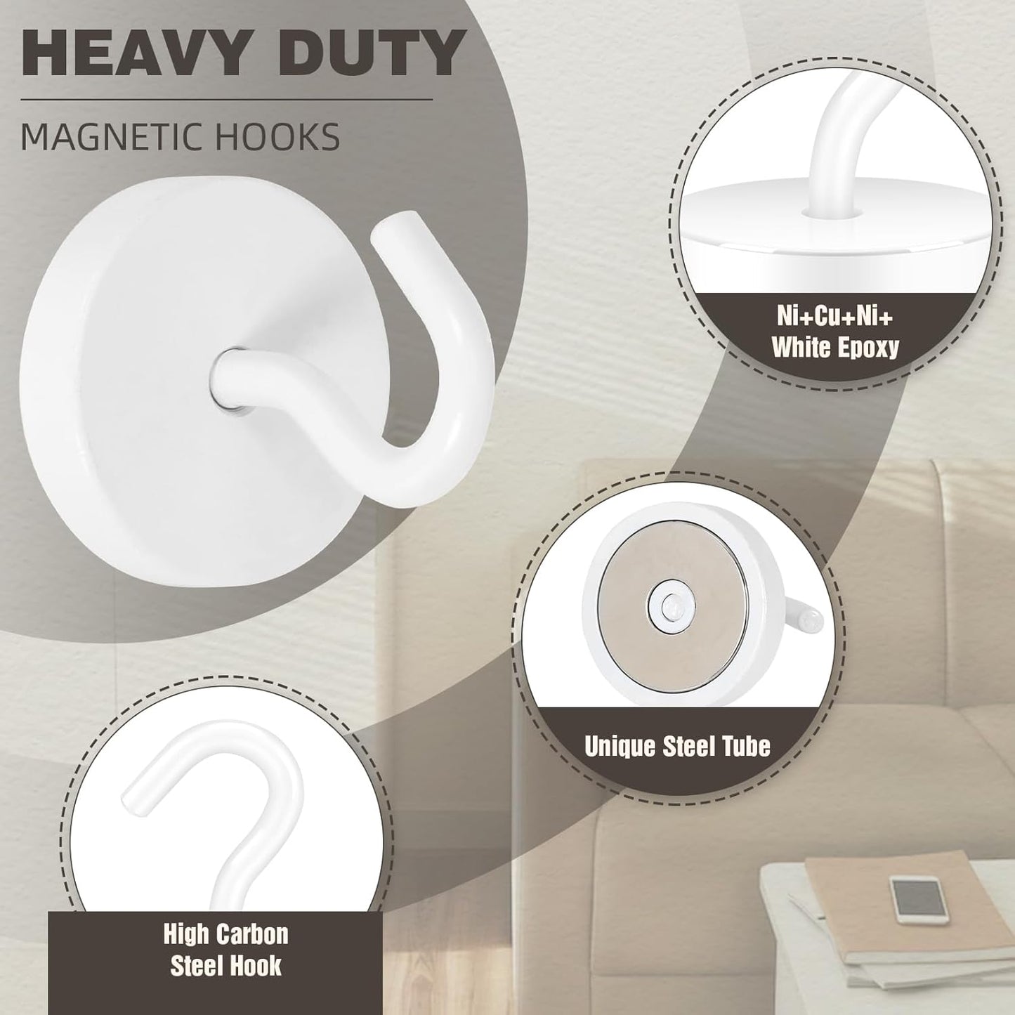 Neosmuk Magnetic Hooks, Cruise Ship Essentials, 100lb+ Heavy Duty Magnetic Hooks for Cruise Cabins, Refrigerator, Grill, Hanging, and Travel | Extra Strong Must-Haves Magnet Hook,White