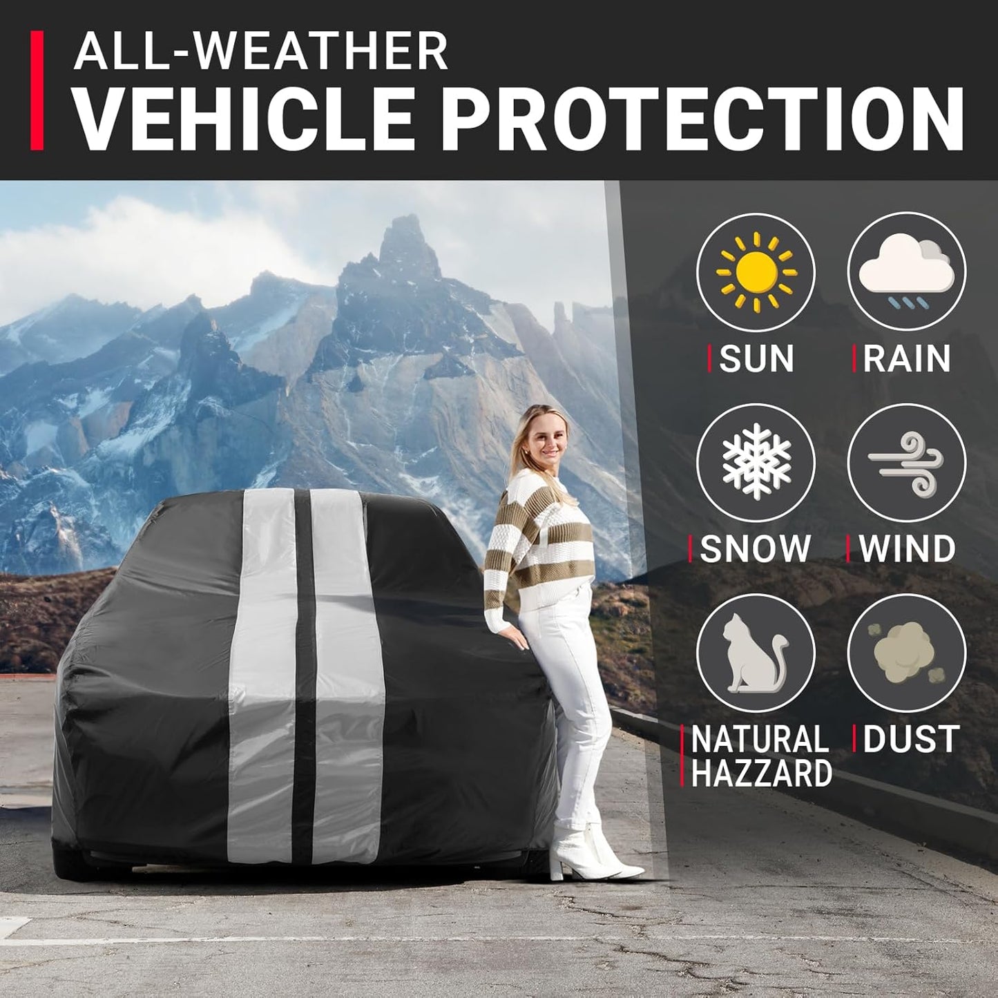 iCarCover Custom Car Cover for Pontiac Streamliner (1946-1952) Waterproof All-Weather Rain Snow UV Sun Protector Full Exterior Indoor Outdoor Car Cover (Stripe - Black/Gray)