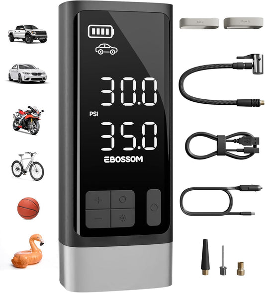 Portable Tire Inflator with Dual-Cylinder, 5 x Fast Inflation Car Air Compressor with Memory Function, 150PSI Cordless Tire Inflator Rechargeable with Battery,12V DC for Pickup Car, Moto, Bikes, Balls