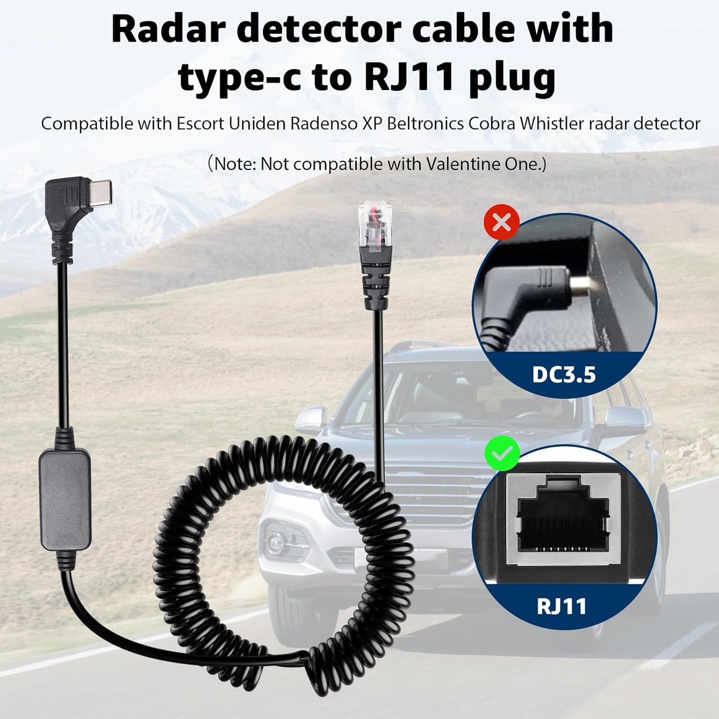 Radar Detector Cable with USB-C to RJ11 Plug Cord, 9.84Ft USB-C 5V-12V RJ11 Power Cord, for Uniden R1 R3 R7, Beltronics, Escort Passport 9500i, MAX360, Cobra, Radenso XP etc.