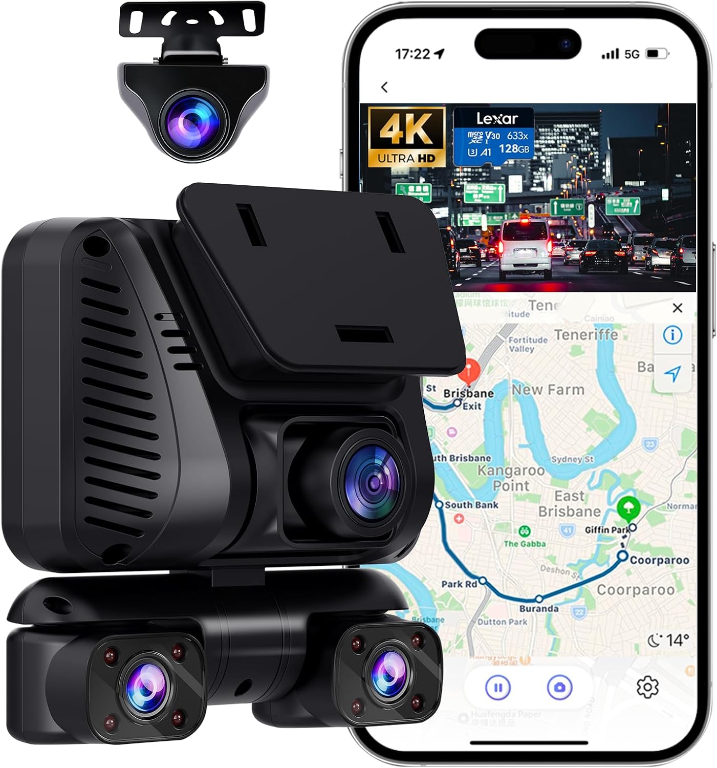 4K Dash Cam 360° View,4 Channel Front and Rear Dash Camera for Cars,Built-in 5GHz Wi-Fi GPS, Voice Control, Free 128G Card,Night Vision,24H Parking Mode,G-Sensor