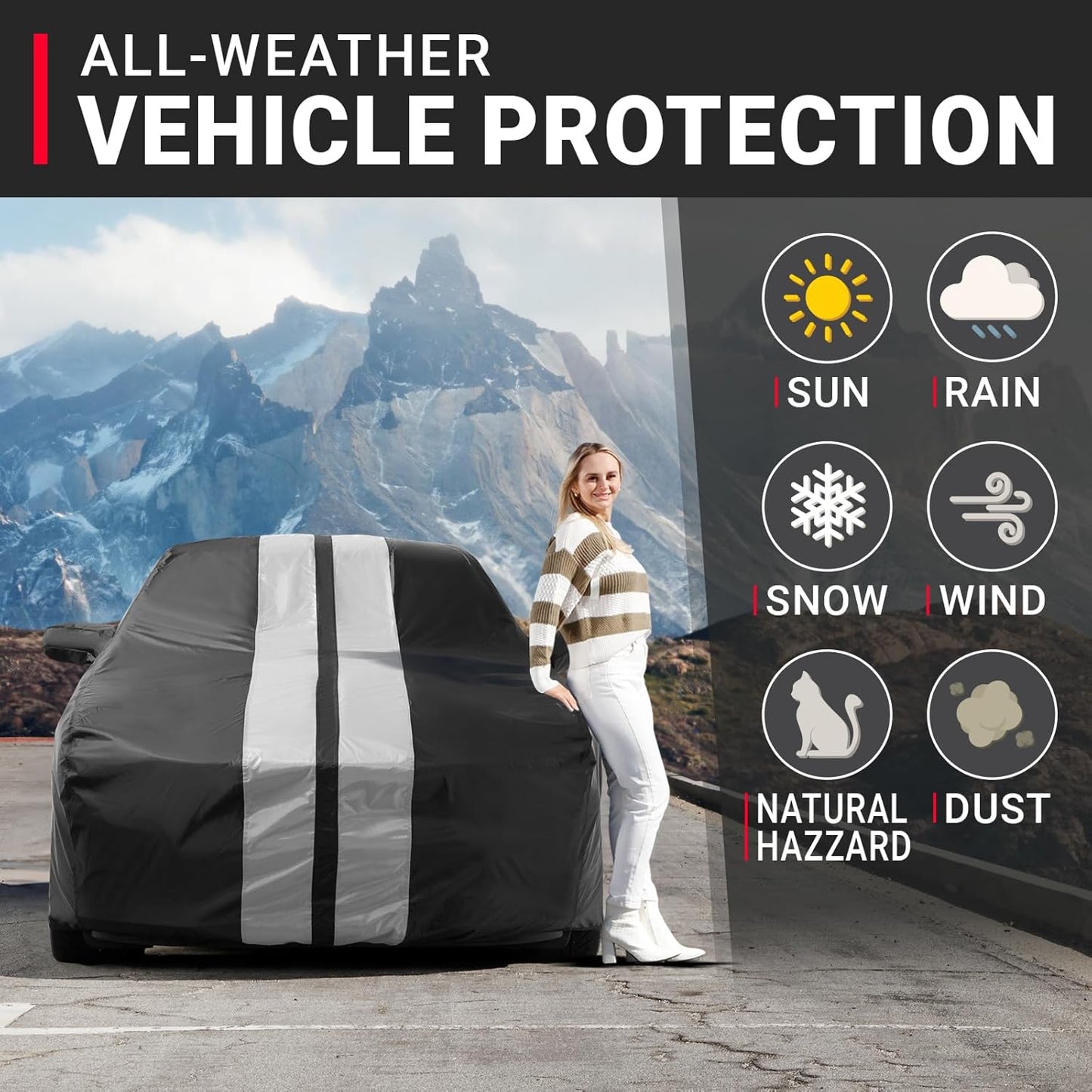 iCarCover Custom Car Cover for Pontiac Grand Am (1985-1991) Waterproof All-Weather Rain Snow UV Sun Protector Full Exterior Indoor Outdoor Car Cover (Stripe - Black/Gray)